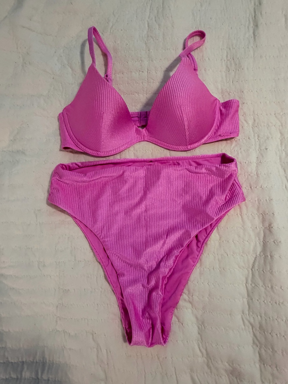 PINK Victoria's Secret Ribbed Hot Pink Two-Piece Bikini 34B top medium bottom